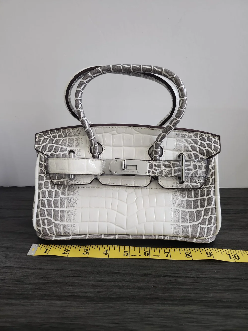 Structured Mini Top-Handle Satchel Bag Gray White Faux Leather Handbag